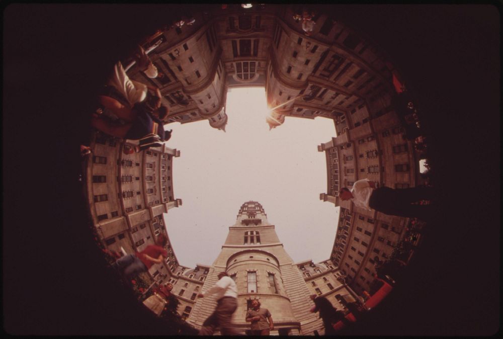 Fisheye View From Center Courtyard Of City Hall, August 1973. Photographer: Swanson, Dick. Original public domain image from…