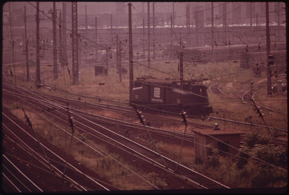 Railroad Switching Yards Just West Of Center City, Along The Schuykill Expressway, August 1973. Photographer: Swanson, Dick.…