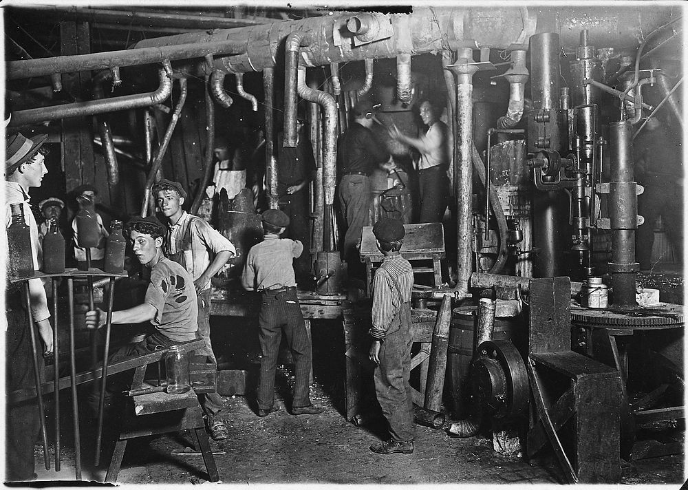 9 P.M. in an Indiana Glass Works, August 1908. Photographer: Hine, Lewis. Original public domain image from Flickr