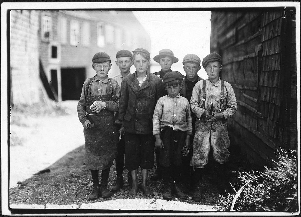 All these boys are cutters in a Canning Co, August 1911. Photographer: Hine, Lewis. Original public domain image from Flickr
