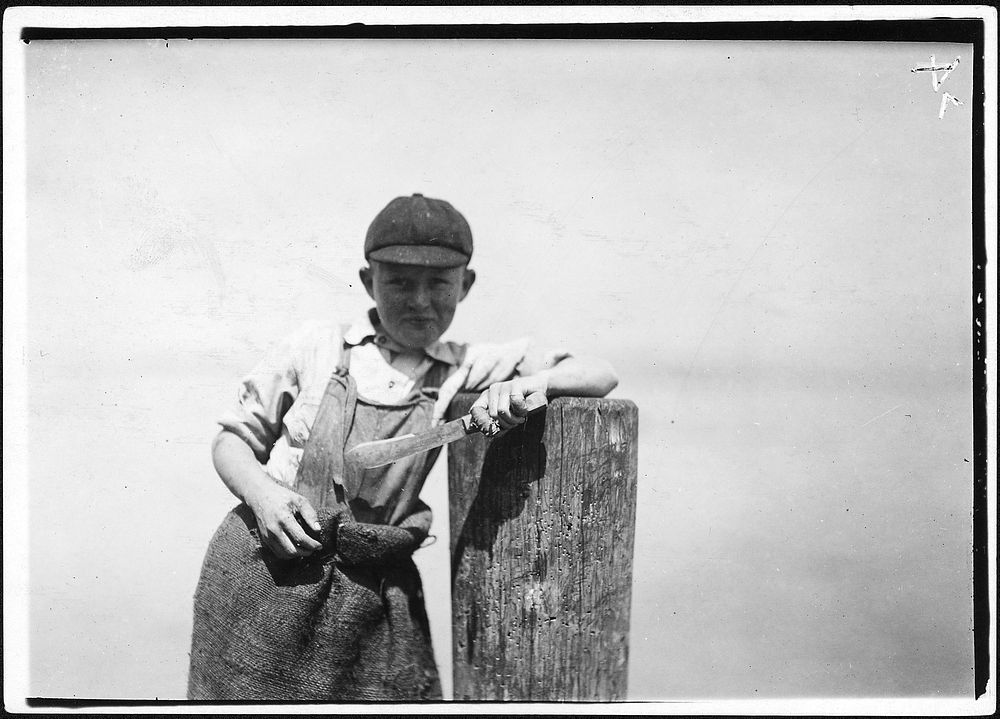 Butcher knife used by Ralph, a young cutter in a canning factory, and a badly cut finger. Eastport, Me, August 1911.…