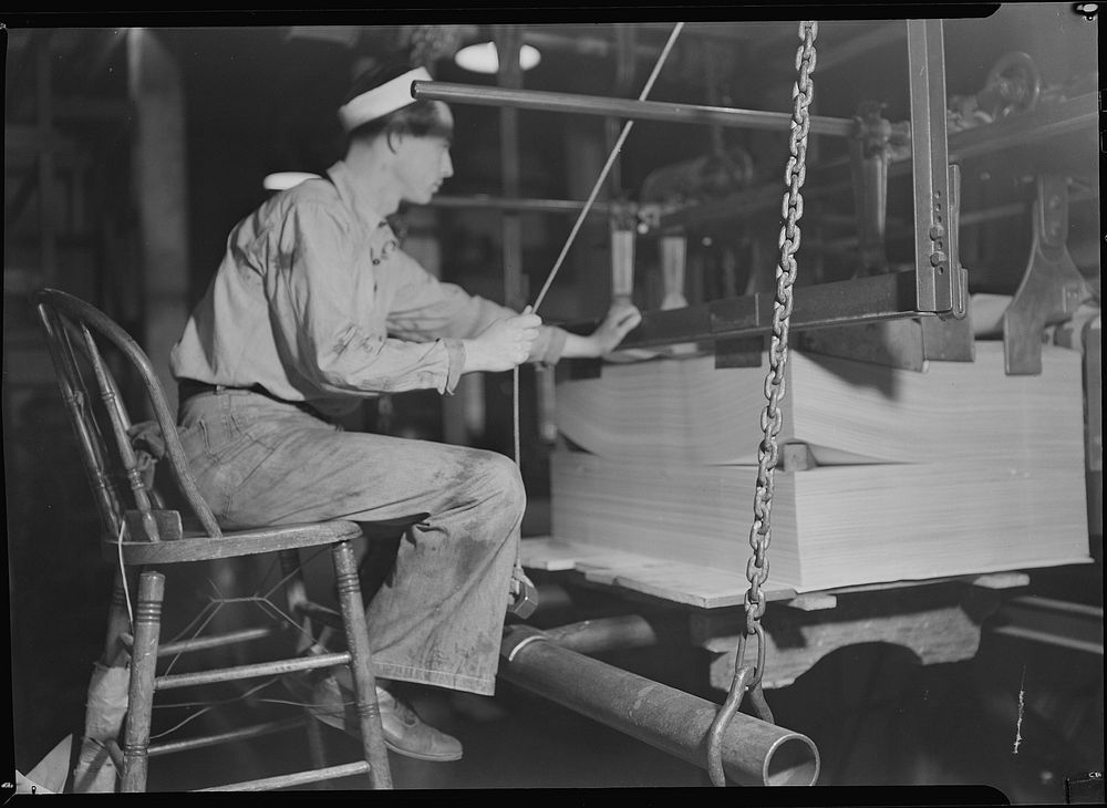 Mt. Holyoke, Massachusetts - Paper. William Skinner and Sons. Single (Finley) cutter, 1936. Photographer: Hine, Lewis.…