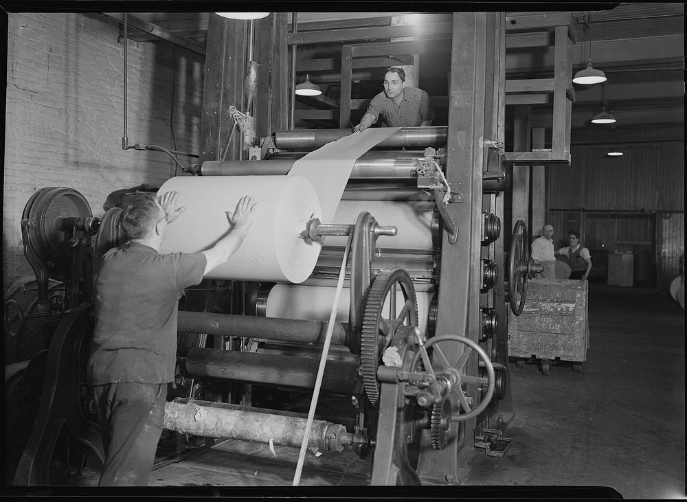 Mt. Holyoke, Massachusetts - Paper. American Writing Paper Co. Super-calender - putting on roll, starting operation, 1936.…