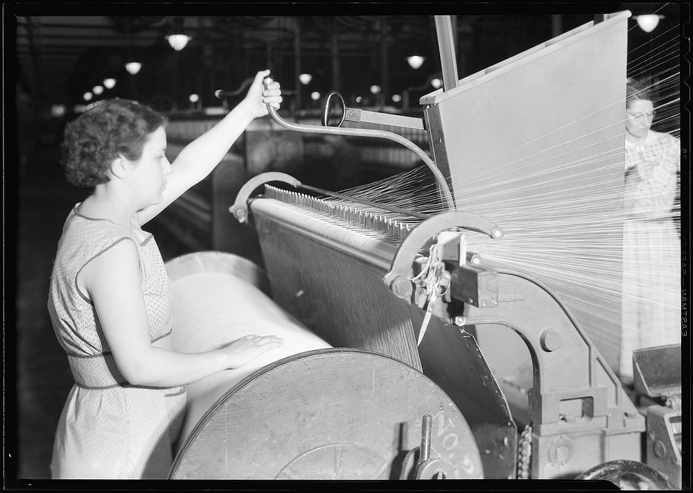 Textiles. Pacific Mills. Barber-Colman High Speed Warper. From front, Operator in act of starting machine, April 1937.…