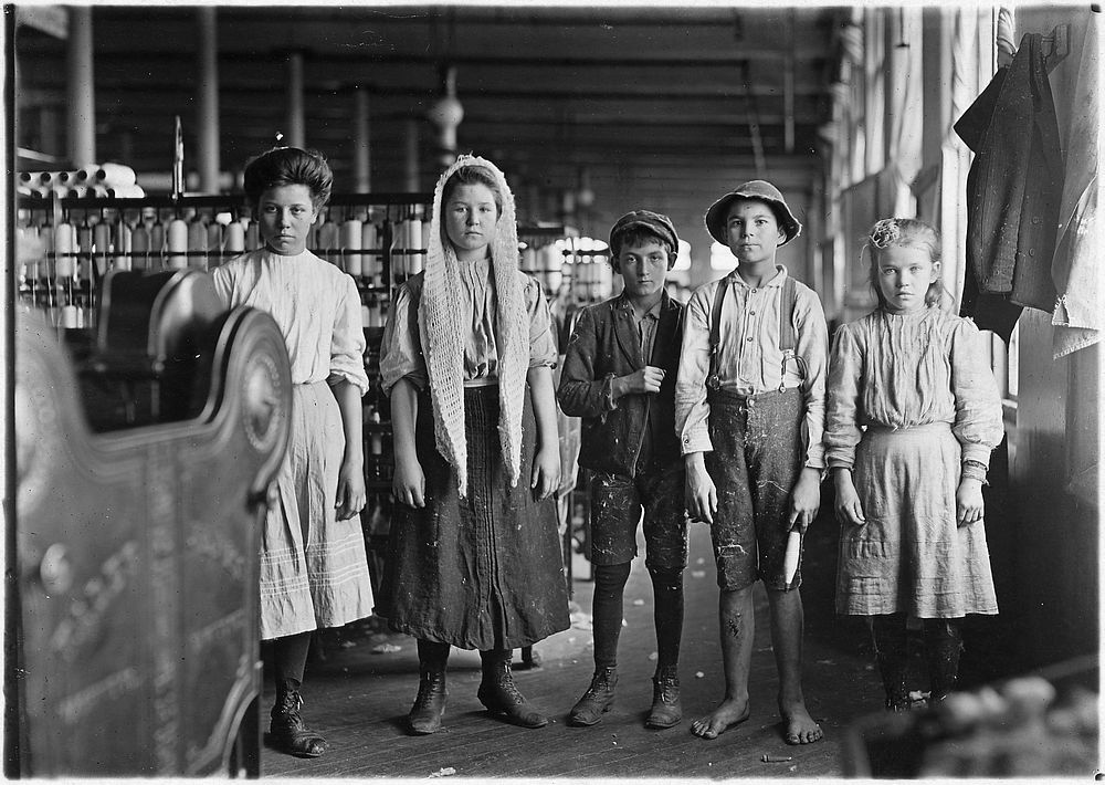 Spinners and doffers in Lancaster Cotton Mills. Dozens of them in this mill, December 1908. Photographer: Hine, Lewis.…