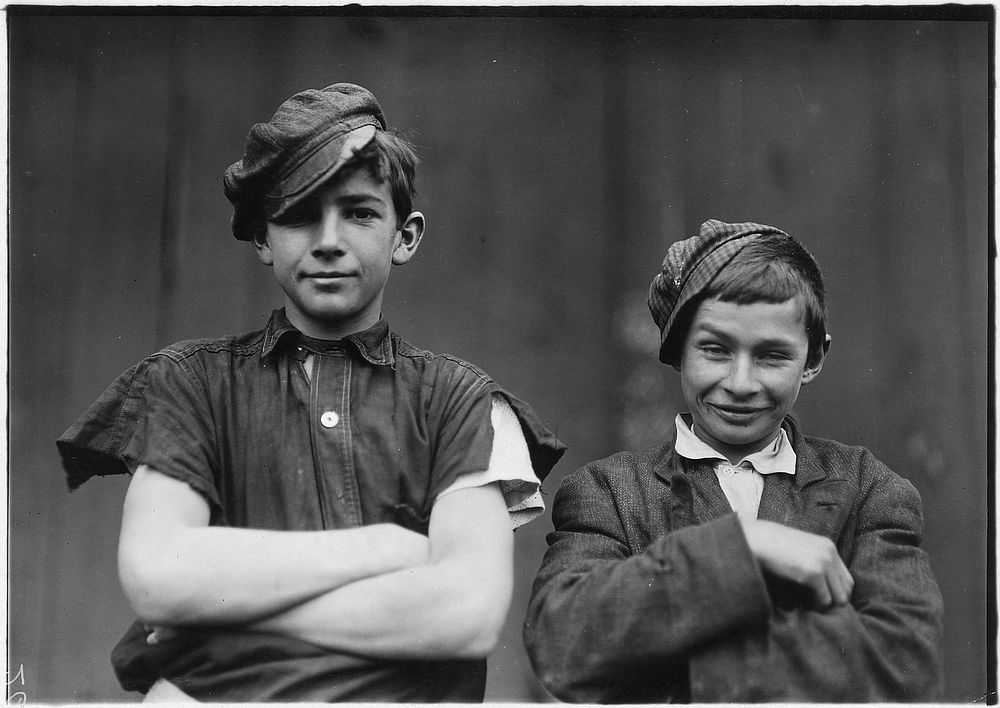 Two of the boys on night shift in the More, Jonas Glass Co. Bridgeton, N.J., November 1909. Photographer: Hine, Lewis.…