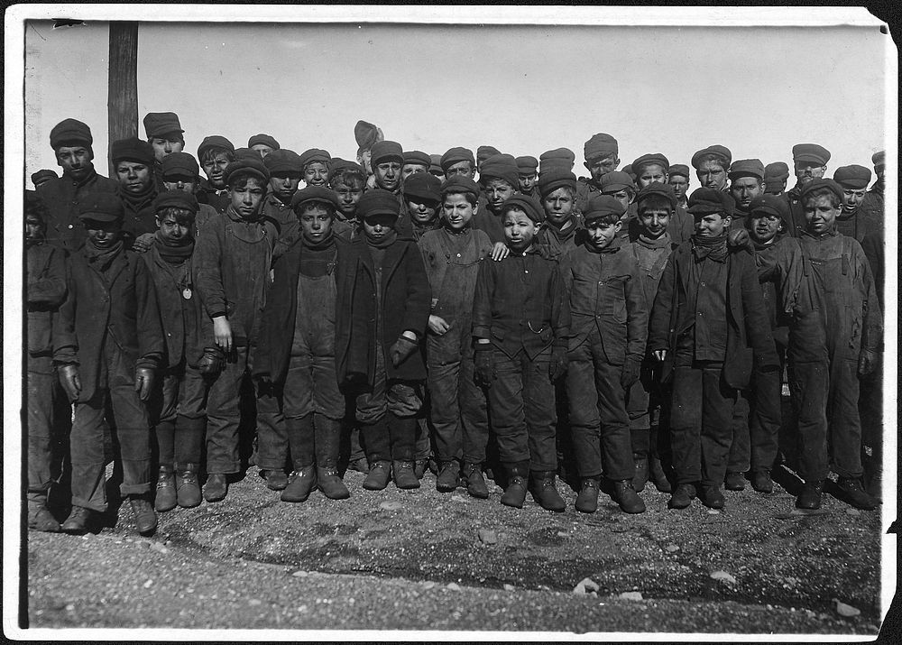 Group of boys working in #9 breaker. In this group were Sam Belloma, Angelo Ross, and others. Hughestown Boroughs Pa. Coal…