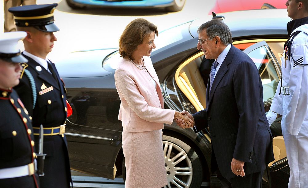 Secretary of Defense Leon E. Panetta, right, welcomes Montenegrin Minister of Defense Milica Pejanovic-Djurisic as she…