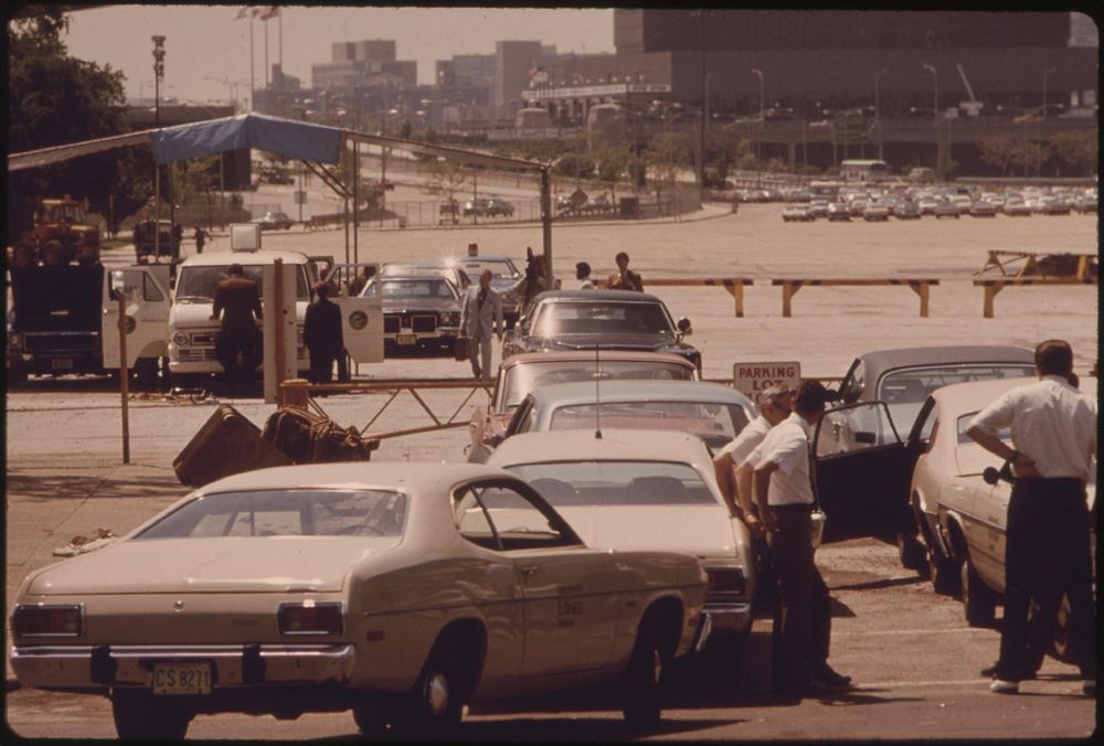 Motorists Wait In Line At Soldier's Field, One Of Nine Auto Pollution Test Sites Conducted Free By The City Of Chicago's…