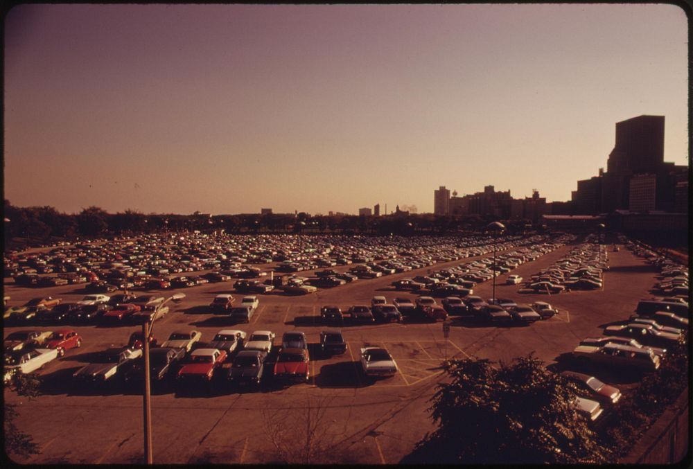 Monroe Street Parking Lot In Chicago Holds 2,700 Cars For Commuters At Lake Shore Drive, 10/1973. Photographer: White, John…