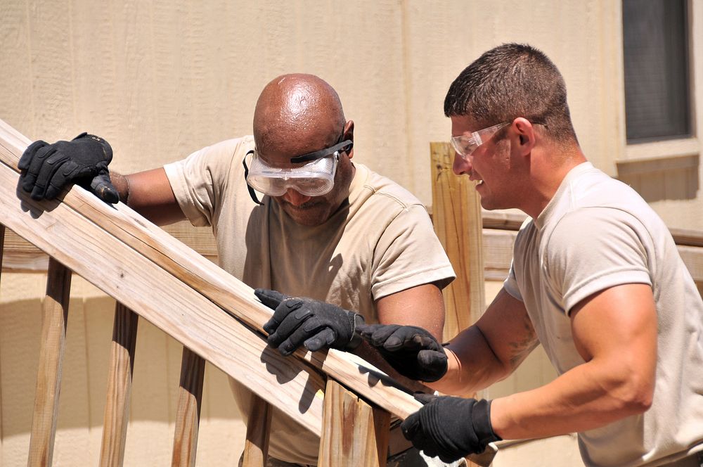 U.S. Air Force Master Sgt. Jonathan Allen, left, and Staff Sgt. Alex Zeman, both with the 131st Civil Engineer Squadron…