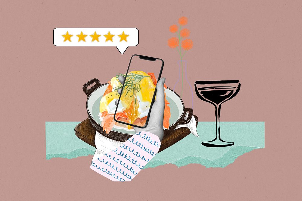 Online food review background, creative collage