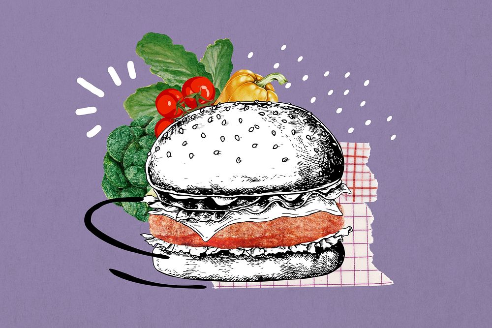 Plant-based burger background, vegetarian food collage