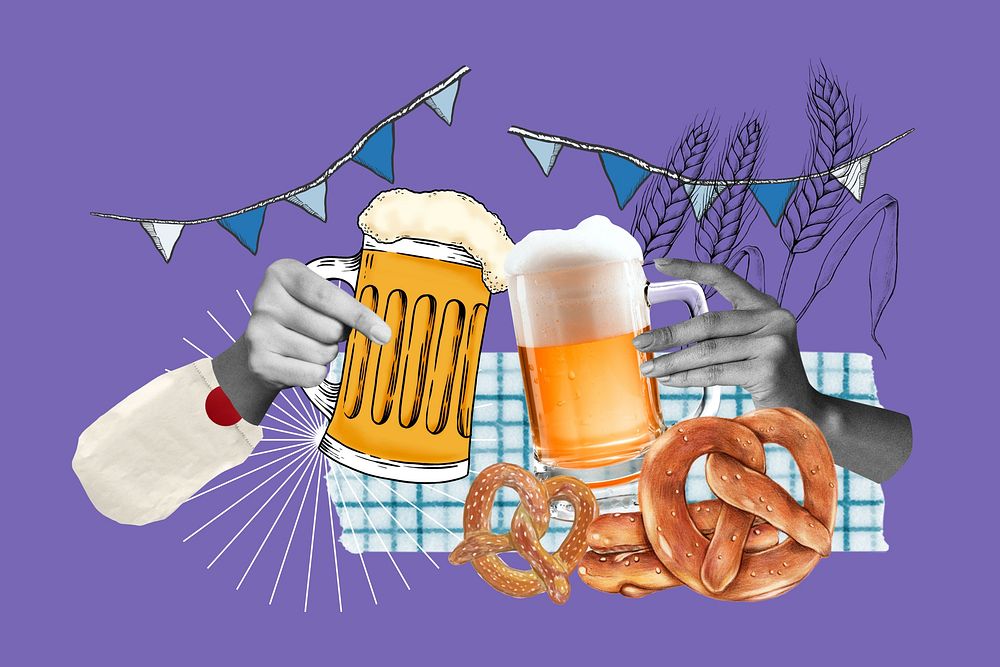 Oktoberfest beer glasses background, creative celebration collage