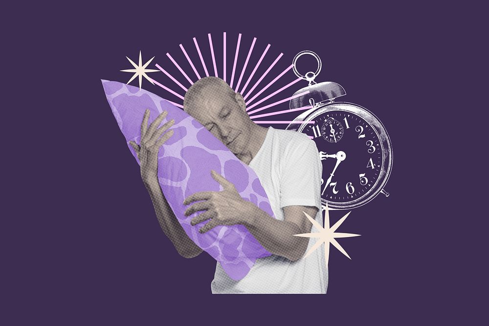 Man hugging pillow background, creative mental health collage