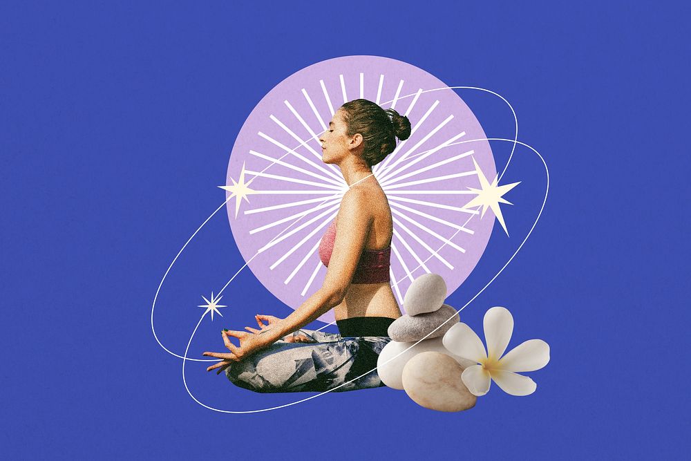 Meditating woman background, creative wellness collage
