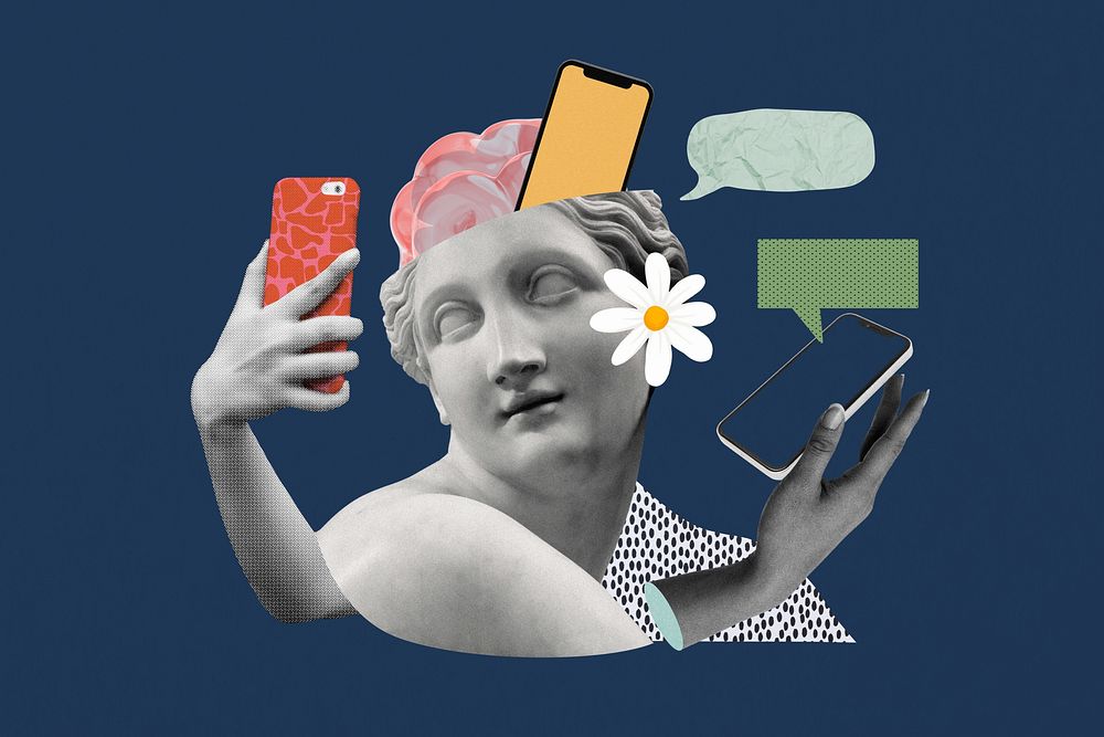 Social media addiction background, creative communication collage