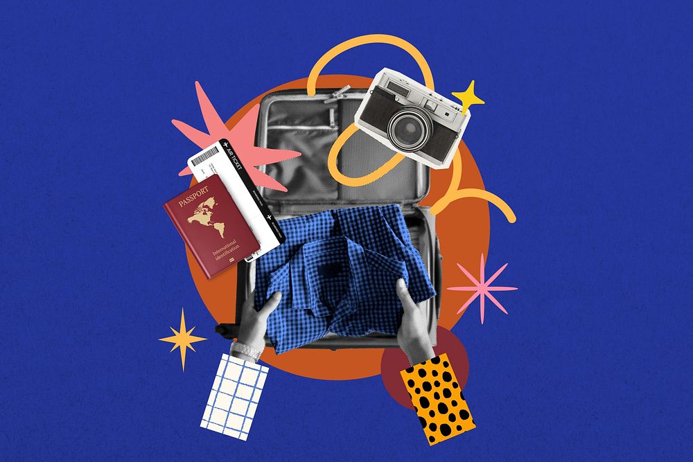 Travel luggage packing background, creative collage