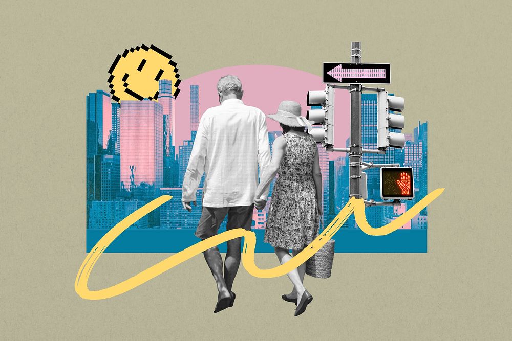 Senior couple travel background, creative collage