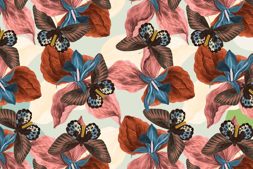 Butterfly botanical seamless pattern background, exotic nature remix from The Naturalist's Miscellany by George Shaw
