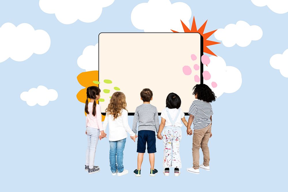 Kids looking at sign background, cute design