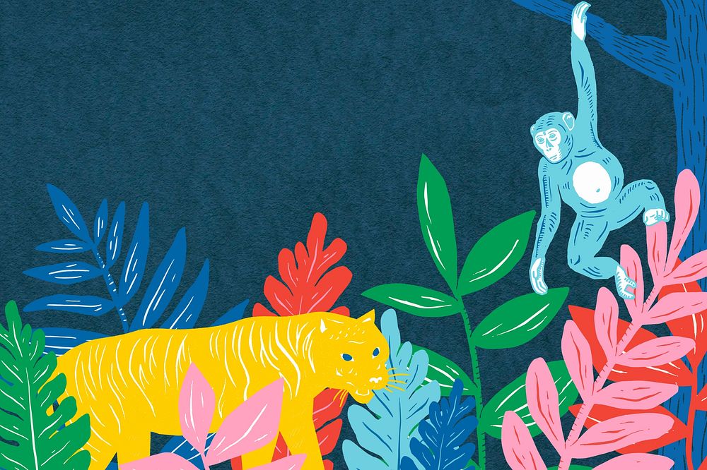 Animal forest blue background, wildlife illustration
