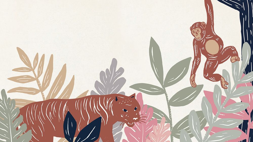 Wild animals desktop wallpaper, botanical wildlife illustration
