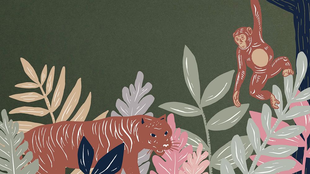 Wild animals green computer wallpaper, botanical illustration