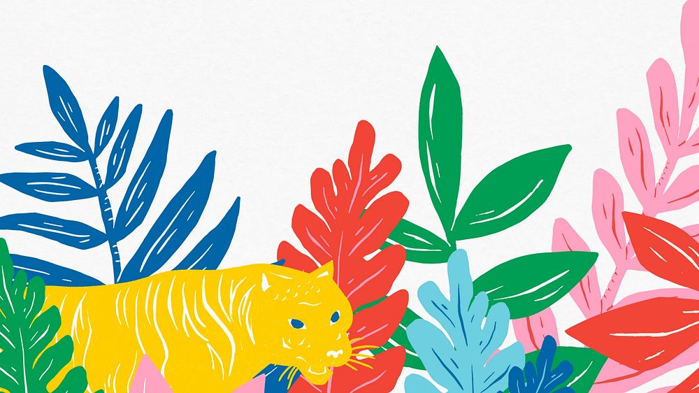 Colorful botanical tiger  desktop wallpaper, animal illustration