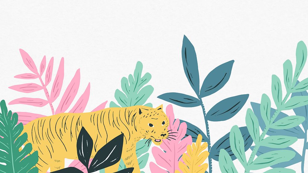 Botanical tiger pastel desktop wallpaper, animal illustration