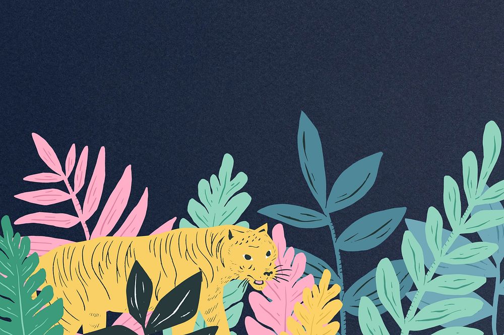 Botanical tiger blue background, aesthetic wildlife illustration