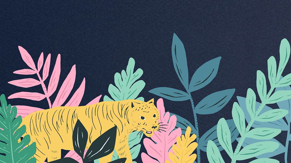 Botanical tiger blue computer wallpaper, animal illustration