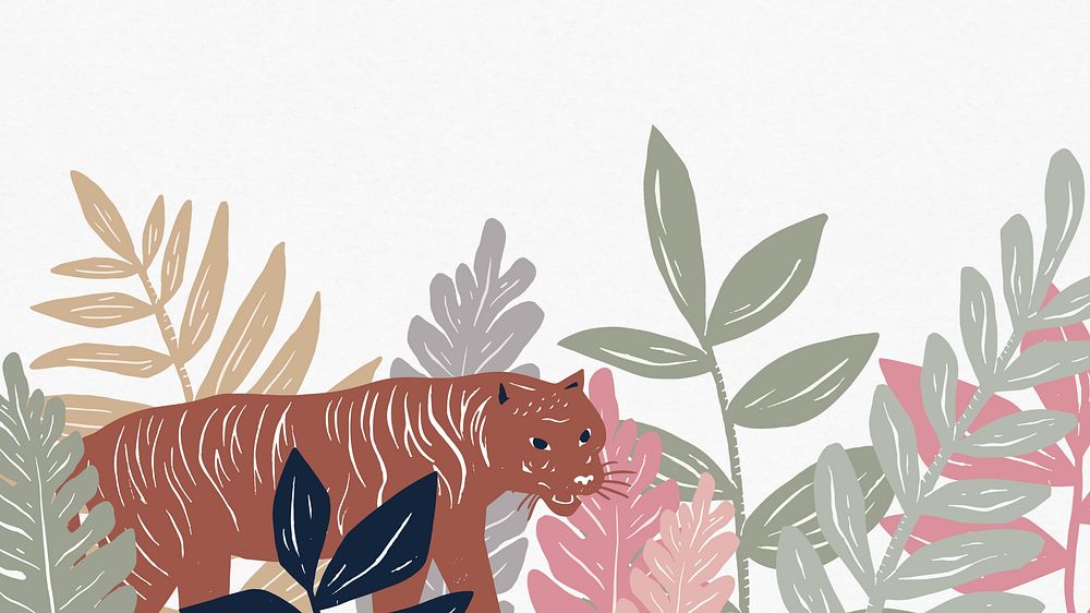 Botanical tiger desktop wallpaper, animal illustration