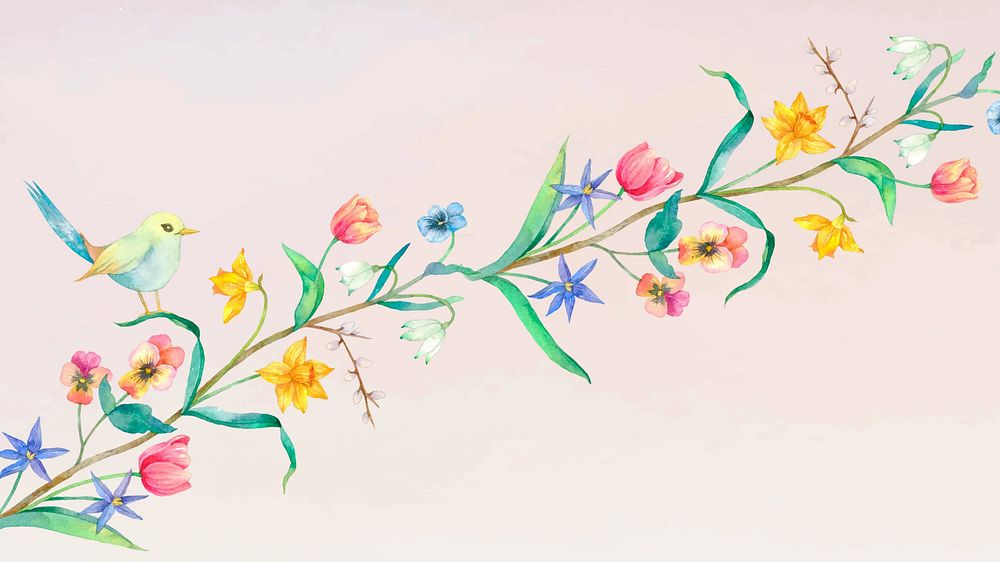 Spring flowers illustration wallpaper with bird