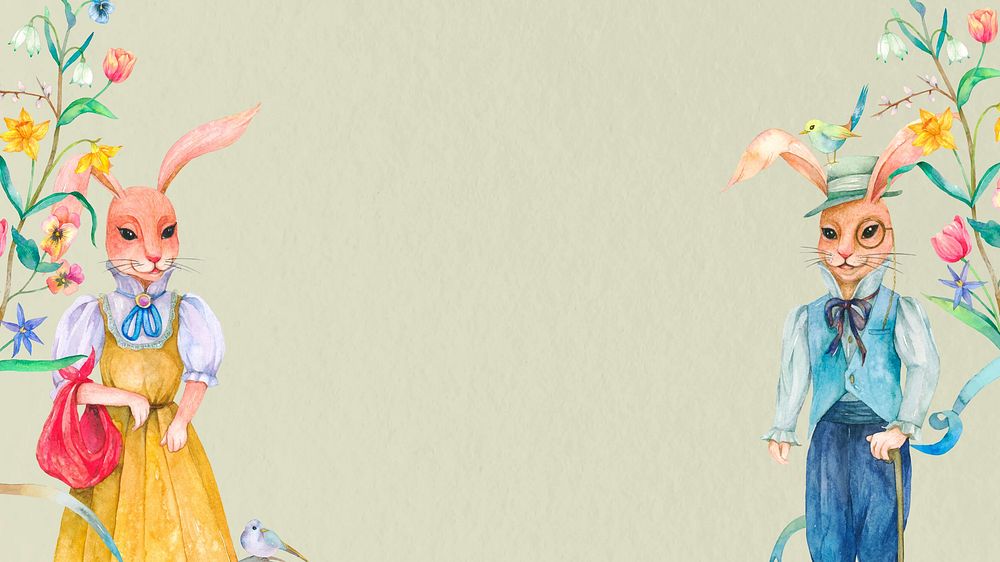 Spring rabbit characters desktop wallpaper, watercolor illustration