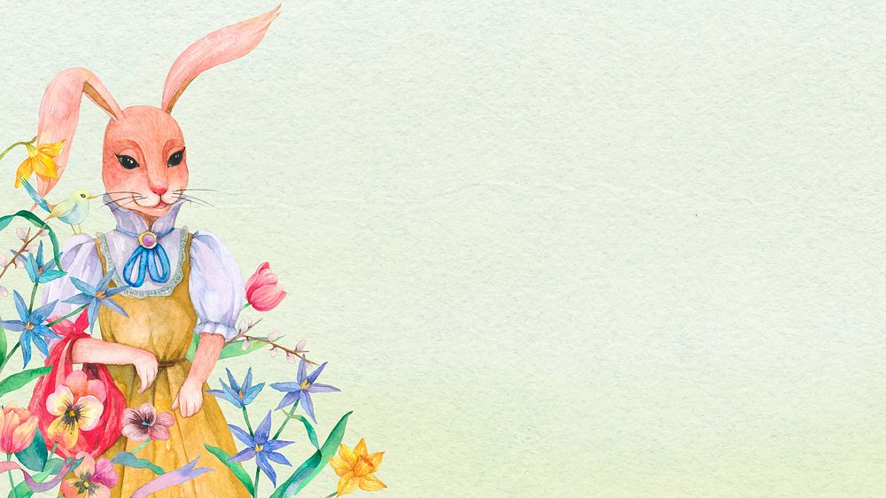 Spring rabbit character desktop wallpaper, watercolor illustration