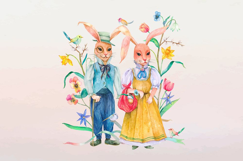 Easter rabbit characters watercolor background, vintage illustration