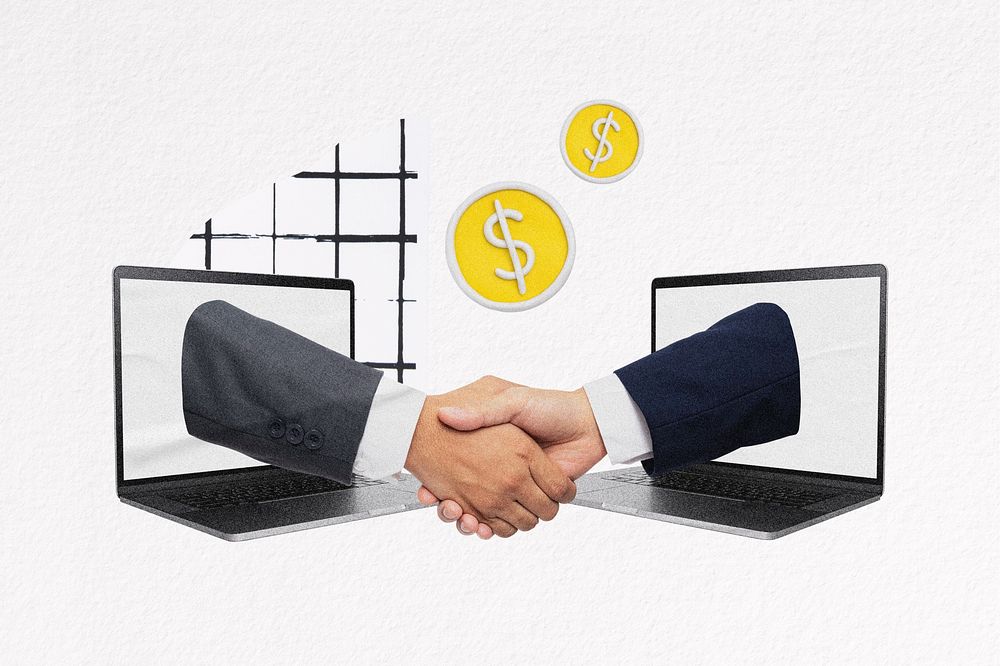 Online business deal, men shaking hands remix collage element