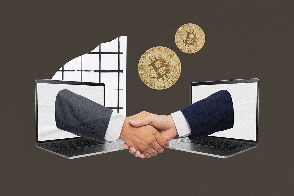Cryptocurrency trading, men shaking hands remix collage element