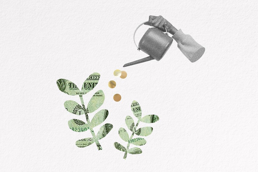 Hand watering money plant, finance remix collage element