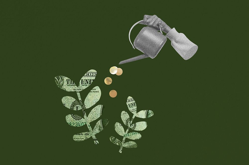 Hand watering money plant, finance remix collage element