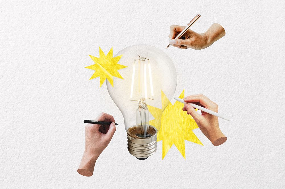 People brainstorming ideas, light bulb  remix collage element
