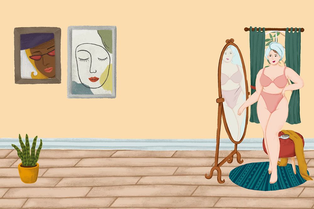 Aesthetic self-love background, woman looking at mirror illustration