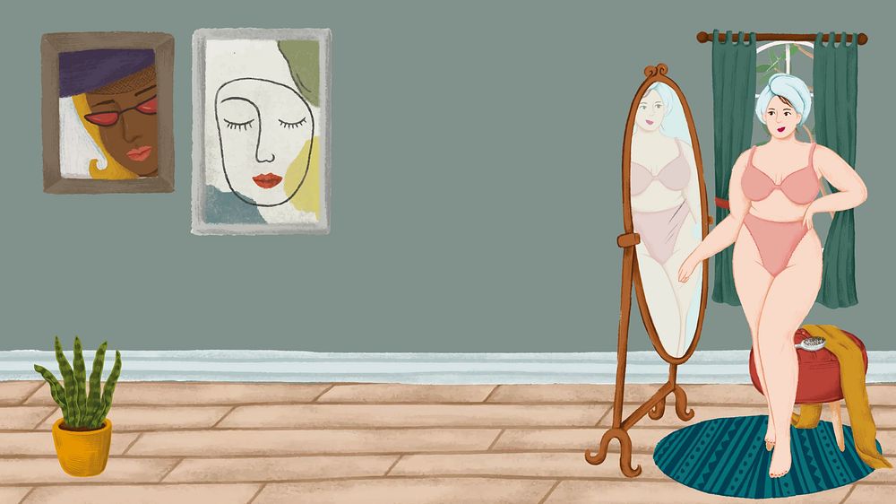 Aesthetic self-love desktop wallpaper, woman looking at mirror illustration