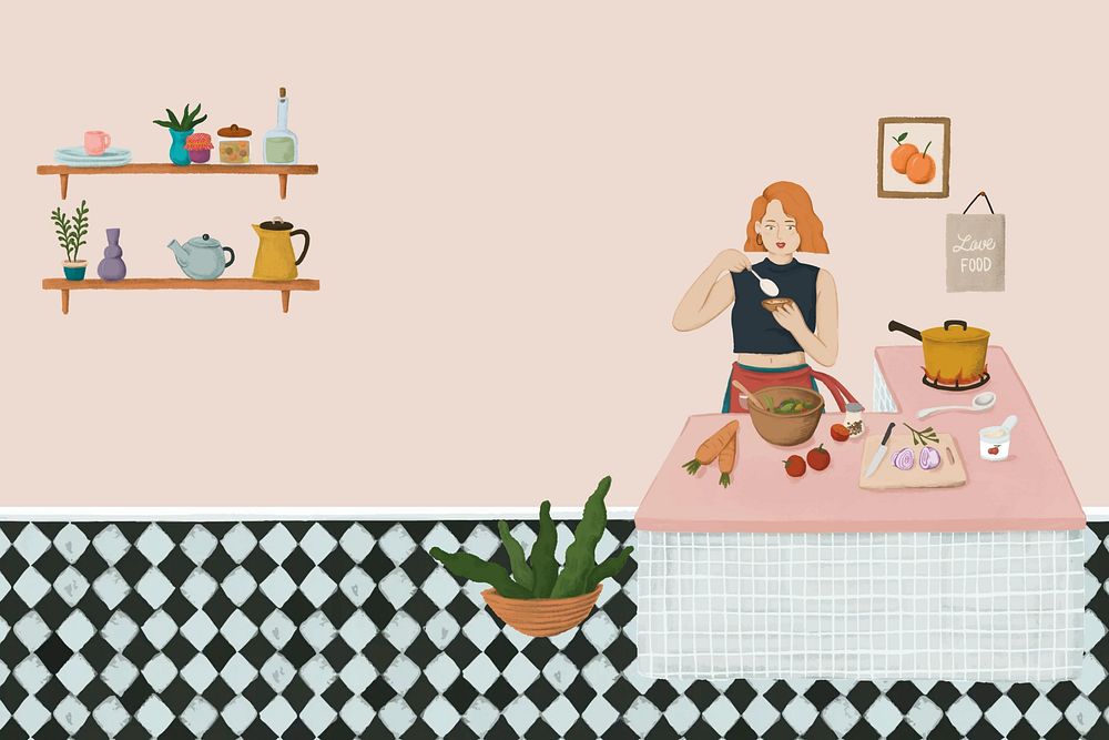 Cooking woman background, feminine illustration