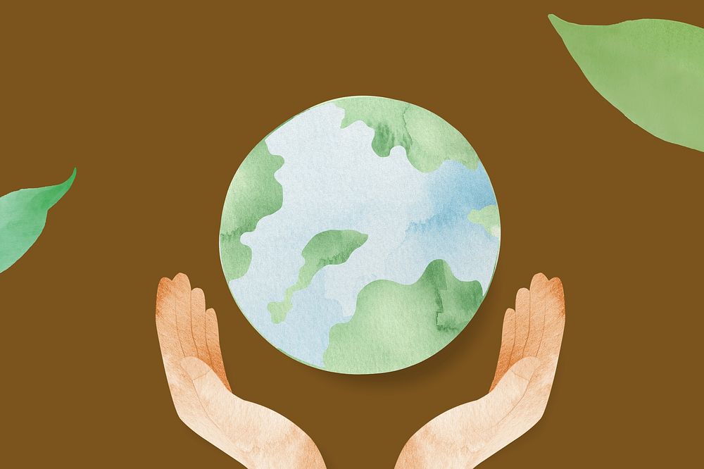 Save the planet background, watercolor globe & hands illustration