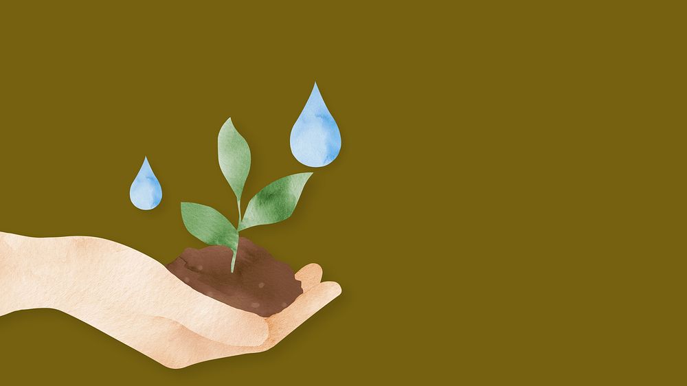 Reforestation desktop wallpaper, watercolor hand holding a tree, brown background