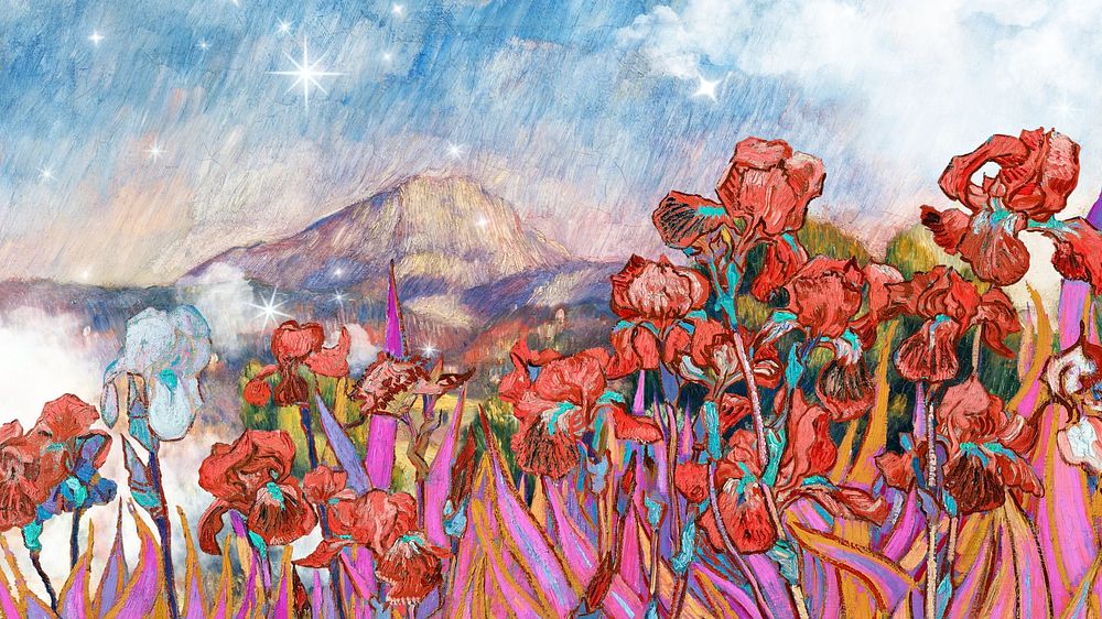 Van Gogh's Irises desktop wallpaper. Remixed by rawpixel.