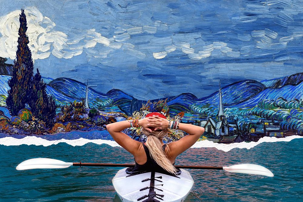 Kayaking woman background, Van Gogh art remix. Remixed by rawpixel.