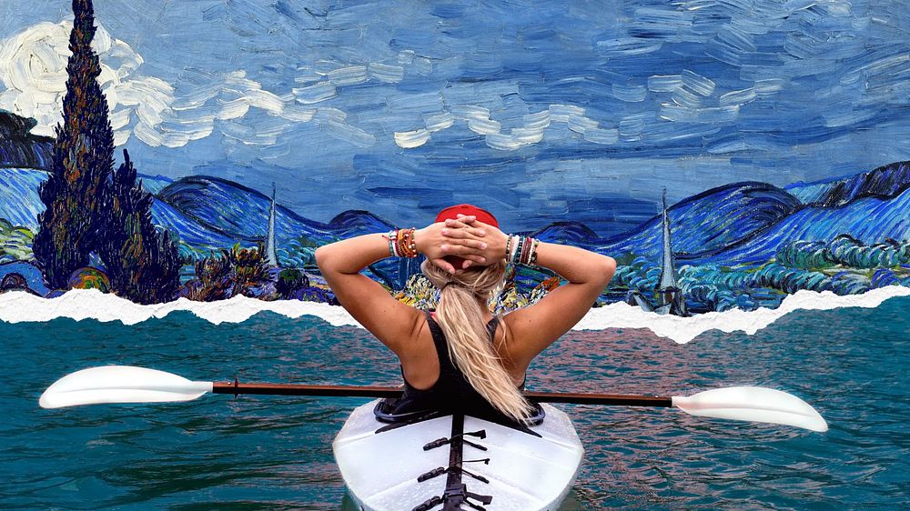 Kayaking woman desktop wallpaper. Remixed by rawpixel.